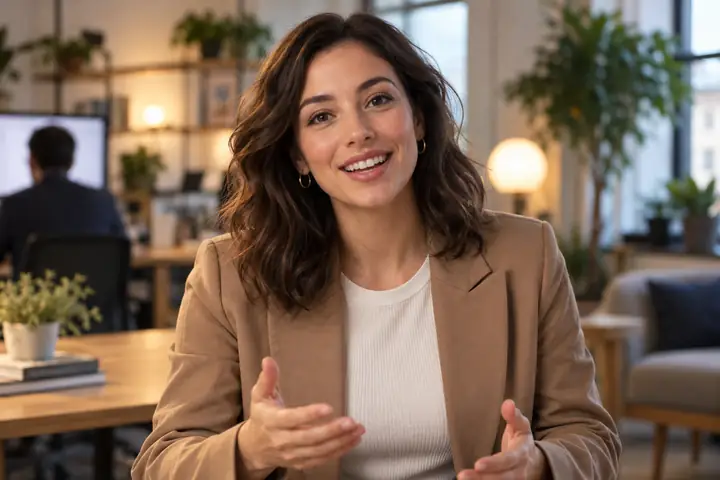Friendly presenter smiling toward the camera in a welcoming, softly illuminated office.