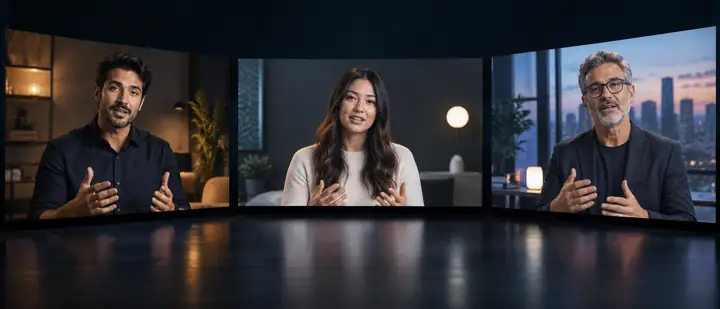 Three polished digital presenter video frames arranged across a dark cinematic screen, showing varied people and presentation layouts.