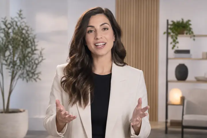 Presenter delivering a clear explanation to camera in a bright studio with a restrained professional backdrop.
