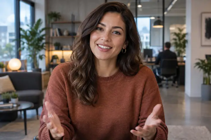 Warm, confident presenter recording a personal customer message in a contemporary office setting.