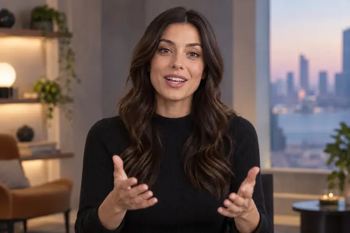 Expressive digital presenter speaking directly to the viewer in a polished, softly lit interactive video environment.
