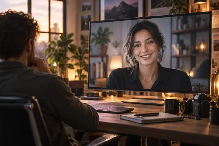 Friendly digital presenter on a large screen beside an inviting video workspace, with warm light and a professional editorial feel.