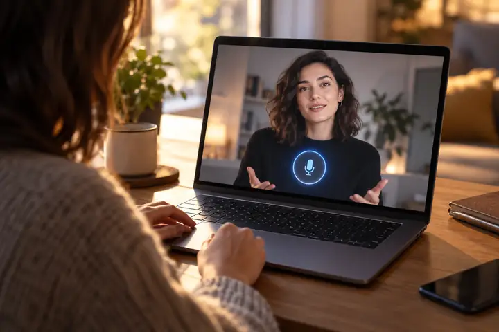 Modern video experience on a laptop screen with a presenter and a prominent conversational microphone control, photographed in warm light.
