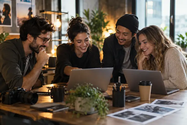 Four colleagues gathered around laptops in a warmly lit modern office, collaborating on a video marketing idea.