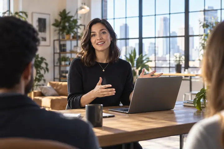 Confident presenter explaining a product beside a laptop in a bright contemporary workspace.