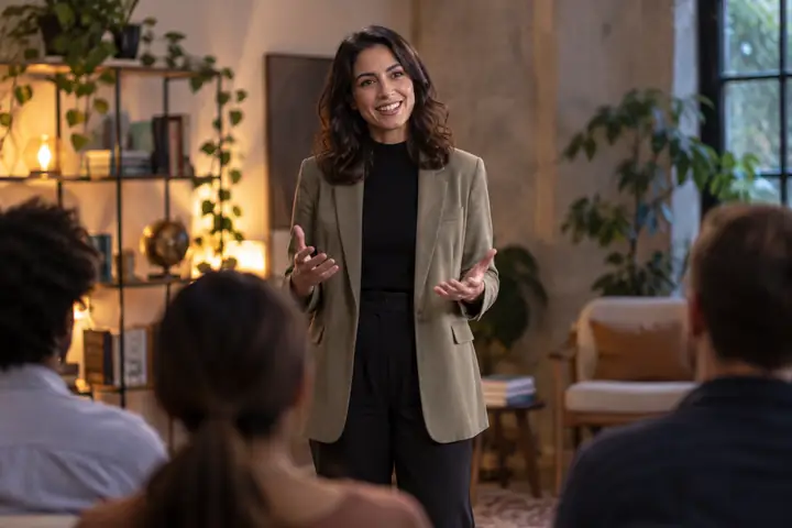 Approachable instructor presenting a lesson in a calm, softly lit learning space.