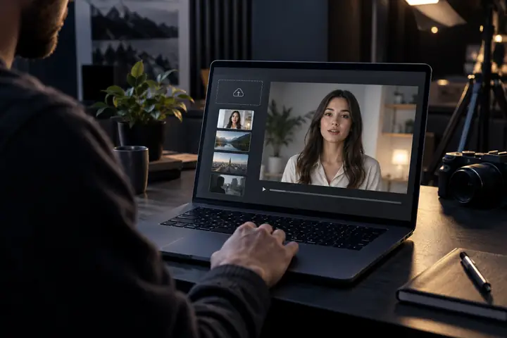 Laptop displaying a refined video creation interface with an upload panel and preview, set against a dark studio background.