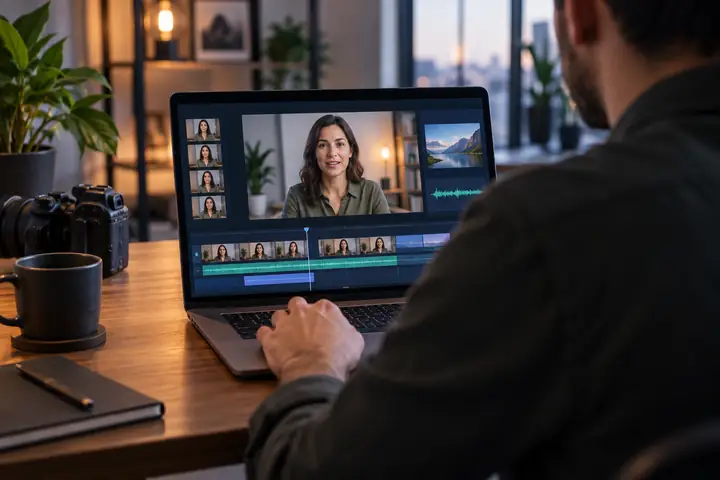 Clean video production workspace on a laptop with an on-screen presenter, timeline, and media controls, viewed at an angle.