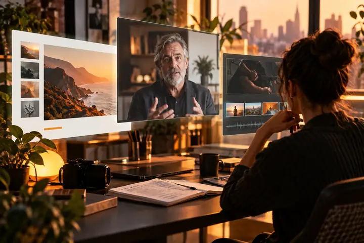 Overlapping presentation, video, and creative workspace windows arranged in a clean editorial composition with warm orange accents.