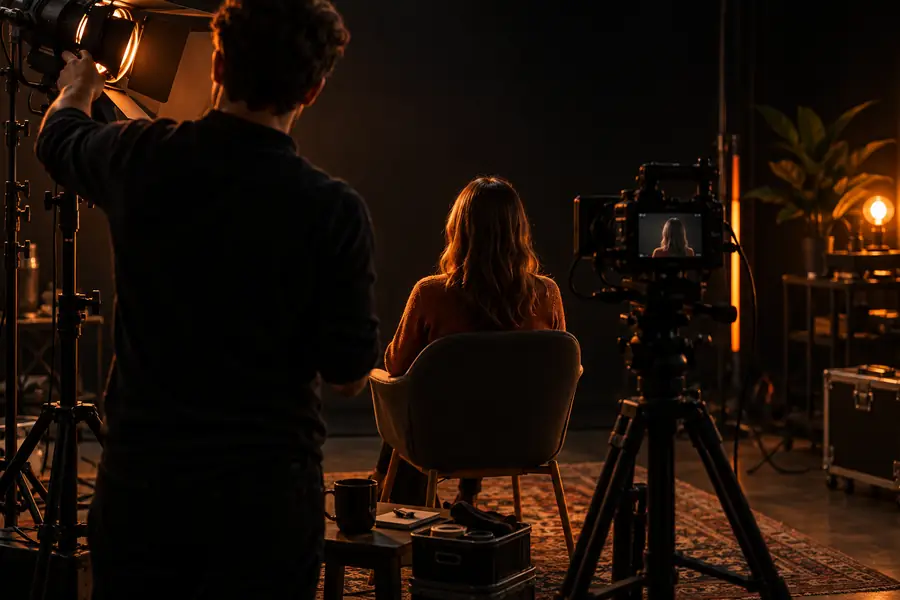 Illustration of a portrait being prepared in a video studio