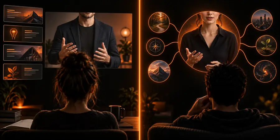 Illustrative product explainer scene with a presenter and supporting visuals