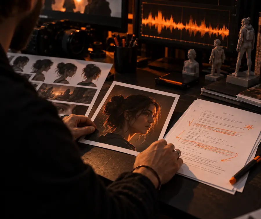 Portrait and script being prepared in a video-making workspace