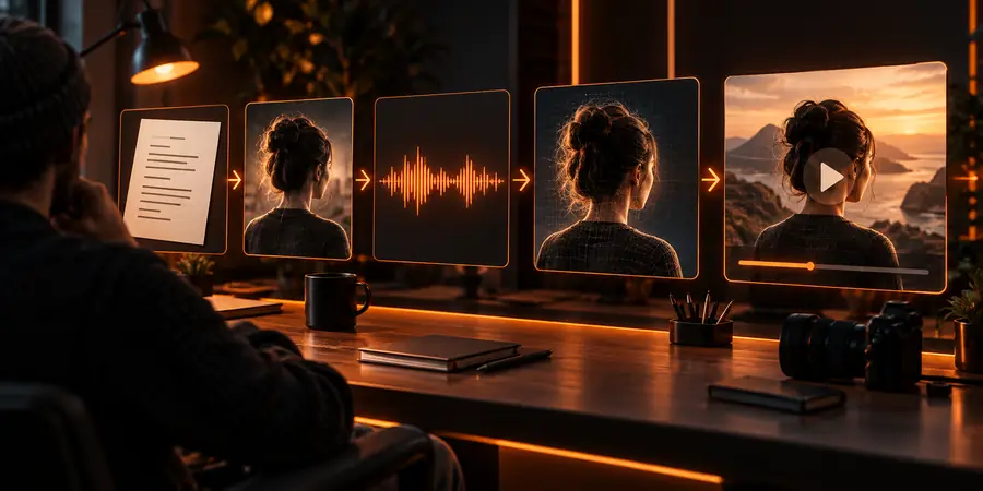 Presenter shown as the outcome of a talking-video workflow