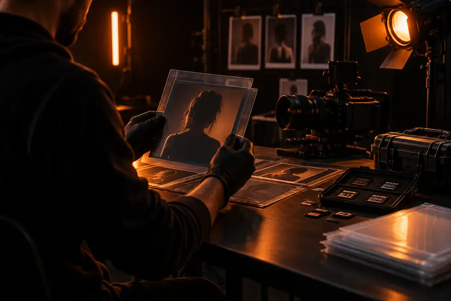 Illustration of preparing visual material in a video studio